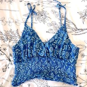 Patrons of Peace Blue smocked Bodice halter neck floral white lightweight